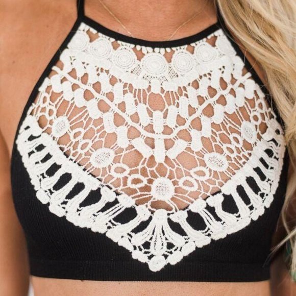 Three Bird Nest Tops - THREE BIRD NEST BUNDLE: crochet high neck bralette and grey low cut tee - size L